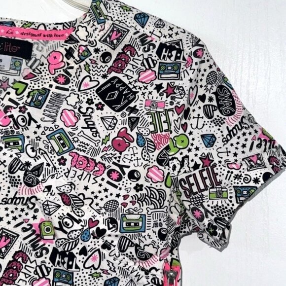 Koi Lite Womens Scrub Top S White Pink Fun Print Short Sleeves Zipper Pockets - Picture 3 of 8